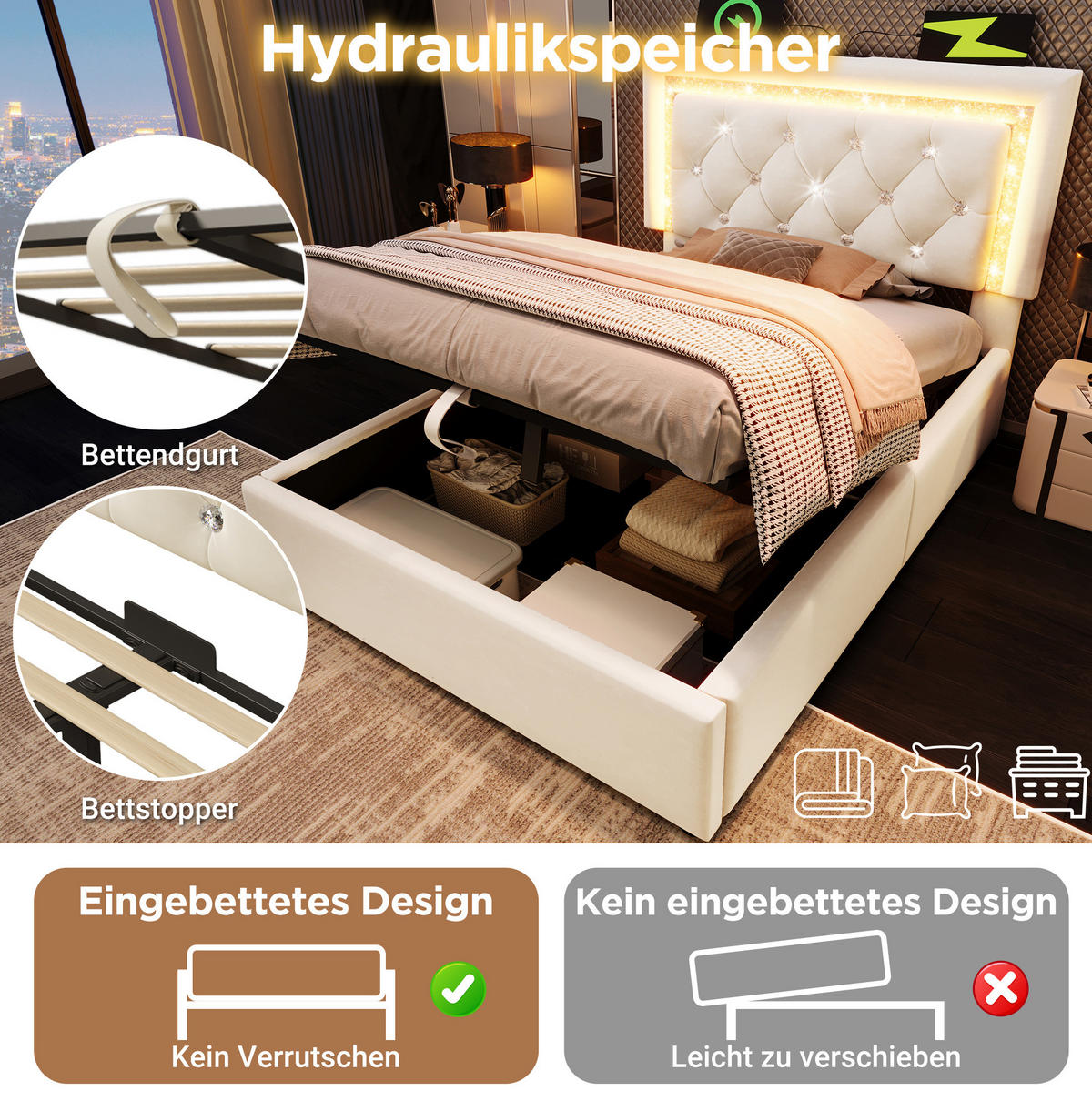 POLSTERBETT 90/200 cm Beige aus Samt mit Stauraum und LED-Beleuchtung mit Matratze - Beige, Textil (90/200cm) - OKWISH