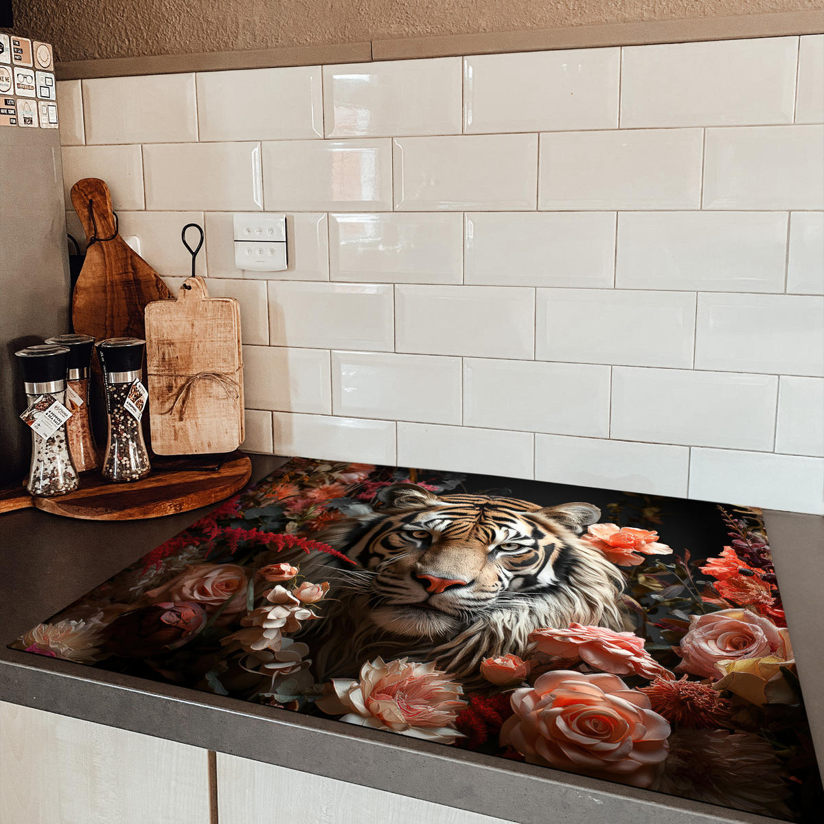 HERDABDECKPLATTE Tiger - Tier - Natur - Floral - Botanisch Induktionsmatte 77x59 cm - Orange, Kunststoff (77/59/0.2cm) - MuchoWow