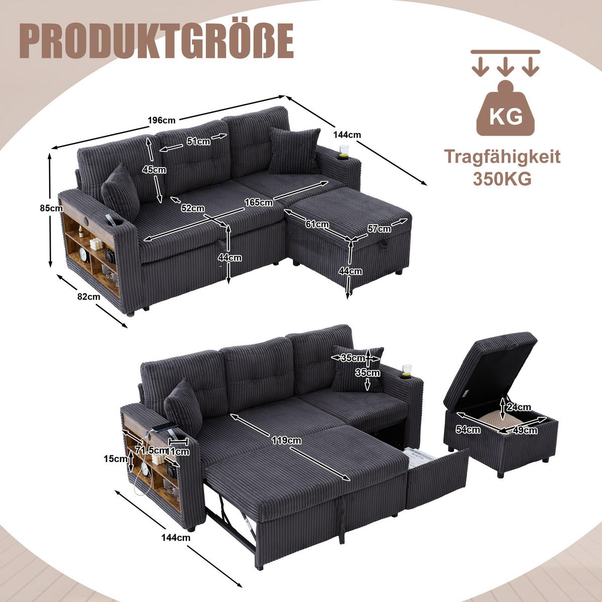 SCHLAFSOFA 3-er Sofa mit Schlaffunktion,Aufbewahrungshocker,Cord,Dunkelgrau - Dunkelgrau, Textil (196/85/119cm) - LVHOM