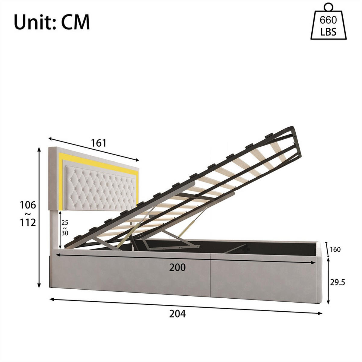 POLSTERBETT 160x200 cm - mit LED-Kopfteil und hydraulischem Bettkasten - Samt - ohne Matratze - Beige - Beige, Textil (160/200cm) - DELFA