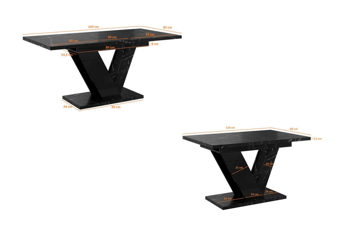 ESSTISCH Royal Schwarz Marmoptik Ausziehbar 120 - 160 cm - Schwarz, Holzwerkstoff (120/80/76cm) - PROSPERO