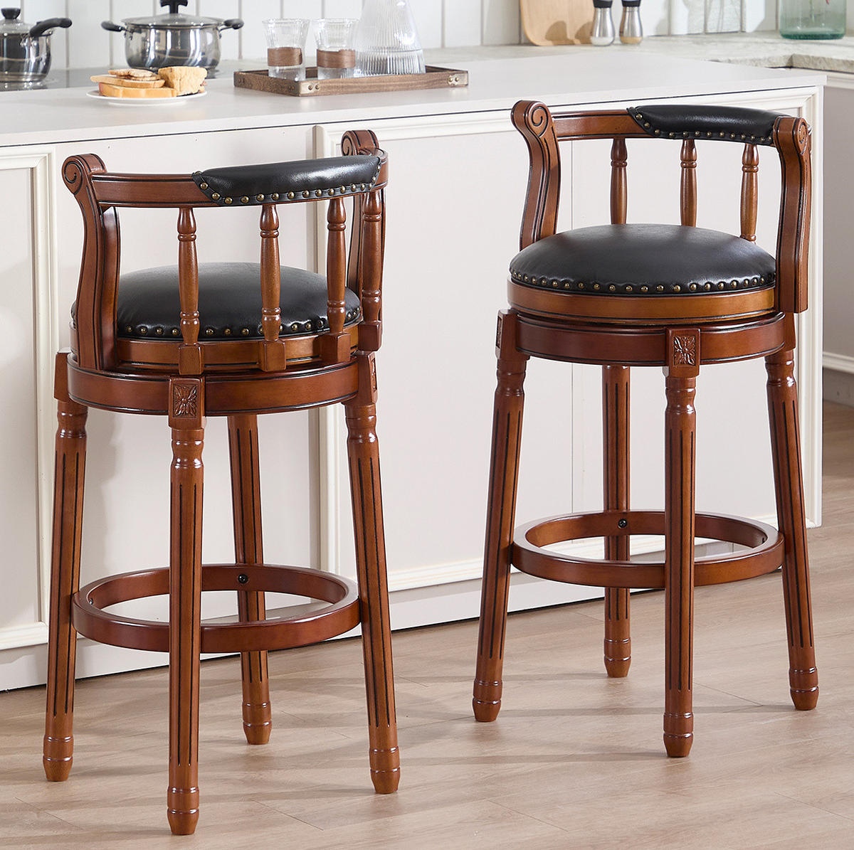 BARHOCKER drehbar mit Rückenlehne 75 cm Leder Holz Schwarz - Schwarz, Holz (54.8/96/54.81cm) - Meubliv