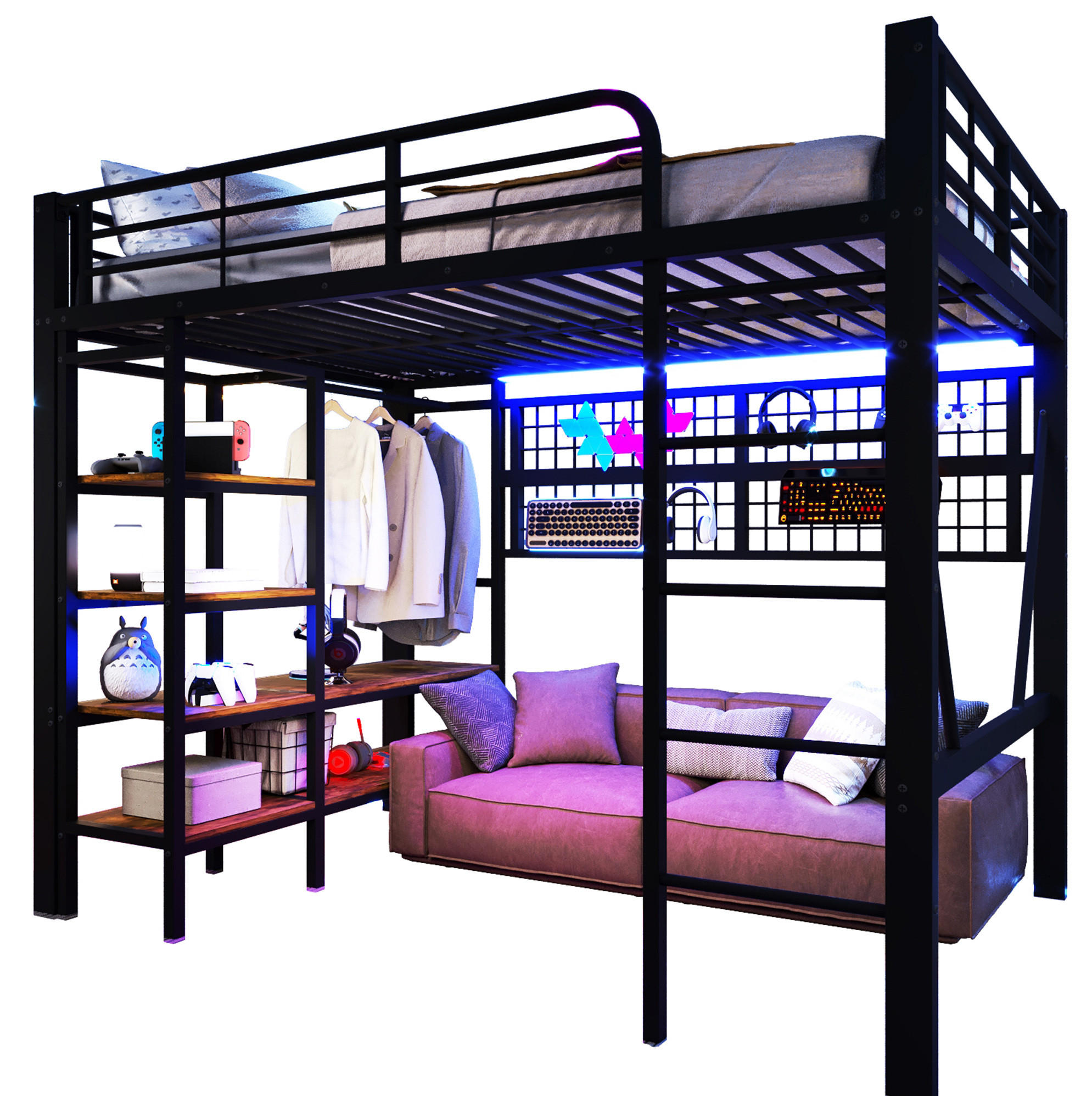 HOCHBETT 140/200 cm Schwarz mit LED-Lichtleiste und Ablagefach - Schwarz, Metall (140/200cm) - MIVRAY