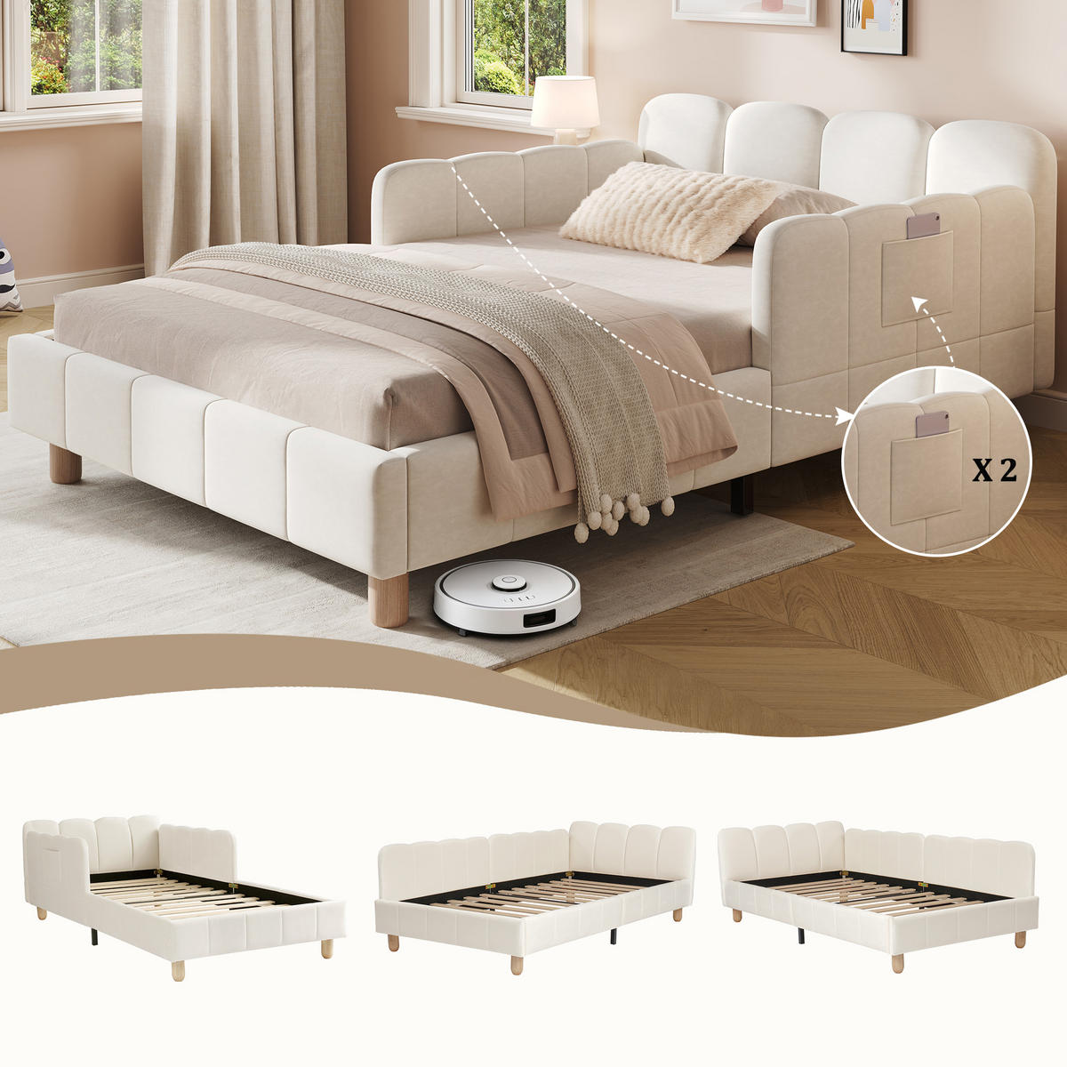 KINDERBETT 90/200 cm in Beige Samt mit Seitenschutz und Taschen - Beige, Holzwerkstoff/Textil (90/200cm) - WISHDOR