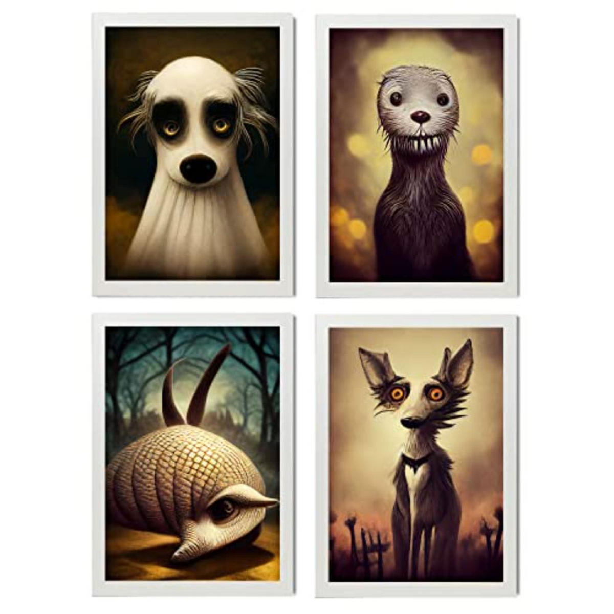 POSTER Set mit 4 Hunde im T Burton Goth Stil A4 Weißer Rahmen - Weiß, Papier (29.7/3cm) - Nacnic