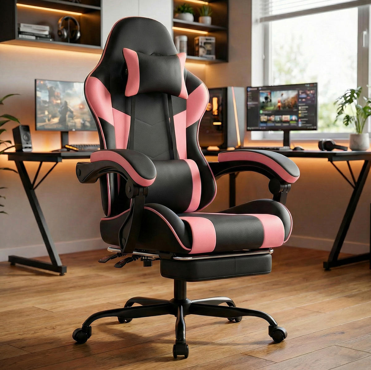 GAMINGSTUHL ergonomisch mit Fußstütze PVC Pink/Black - Pink, Kunststoff (63/120.5/58.5cm) - Meubliv
