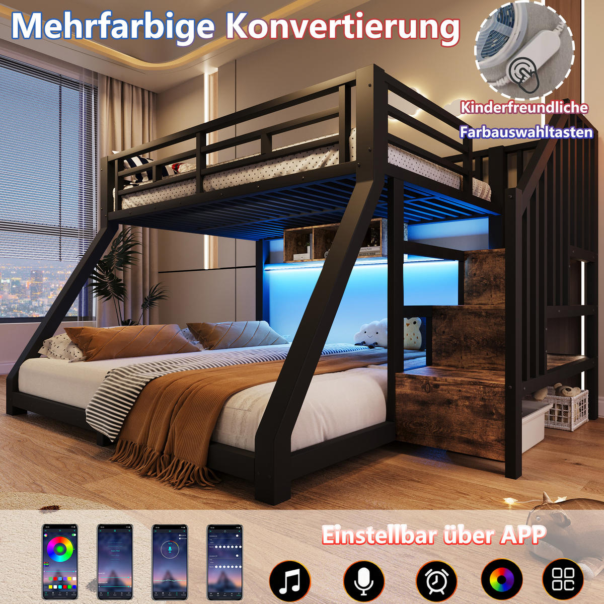 ETAGENBETT 90/200 cm & 140/200 cm in Schwarz mit LED und 3 Staufächern - Schwarz, Holzwerkstoff/Metall (90/200cm) - WISHDOR