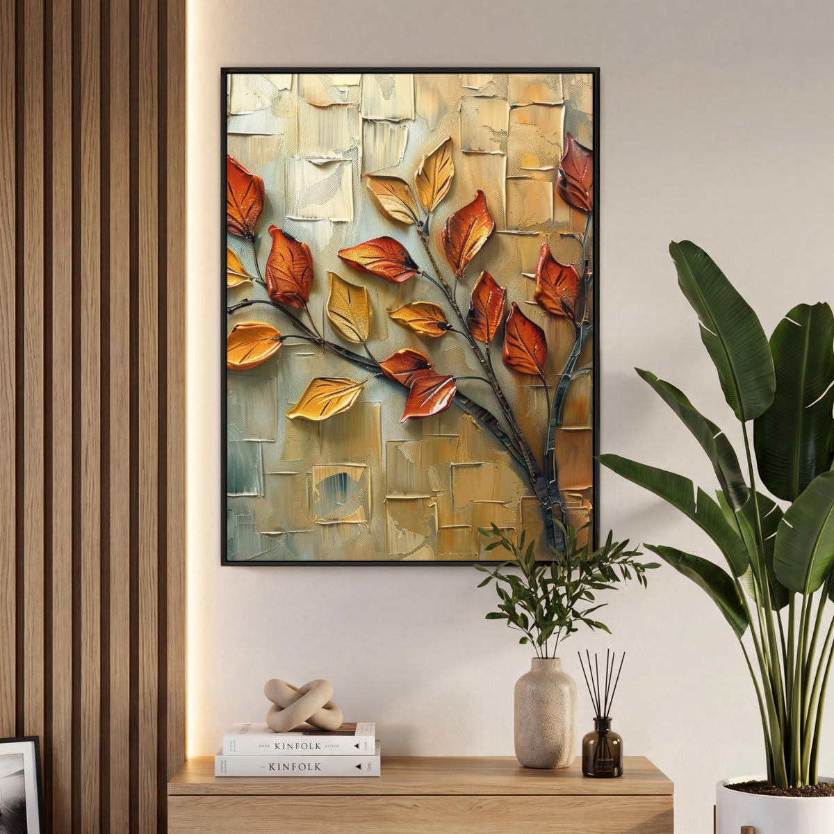 LEINWAND Bilder mit Rahmen - Baum - Abstrakt - Natur - Kunst - 70x100 - Goldfarben, Textil (70/100cm) - MuchoWow