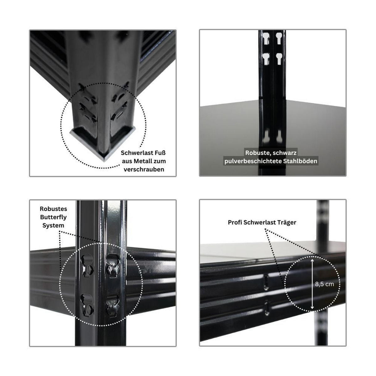 SCHWERLASTREGAL Rhino 3er-Set 180x200x60 cm 4 Stahlplatten-Ebenen Fachlast 500 kg Schwarz - Schwarz, Metall (200/180/60cm) - PROREGAL