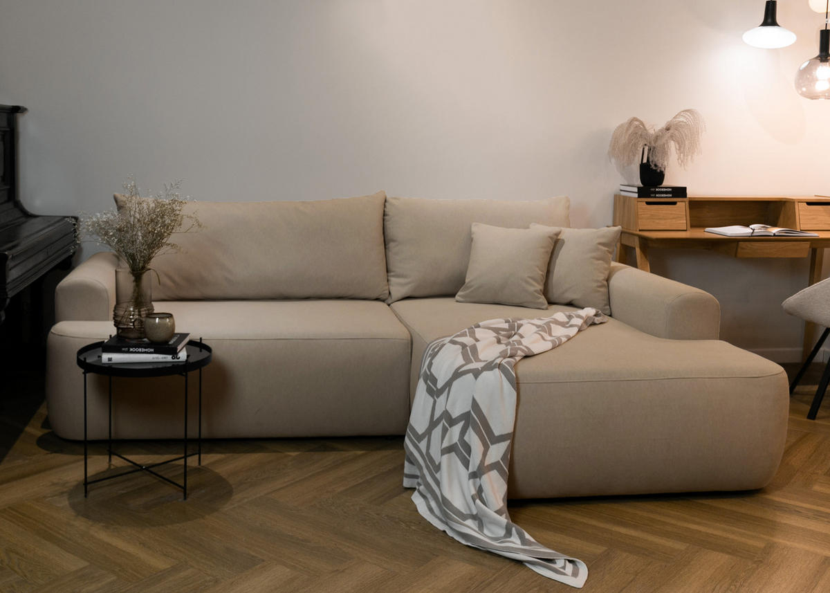 ECKSOFA Ovo Beige Velours - Beige/Schwarz, Kunststoff/Textil (260/165cm) - Selsey