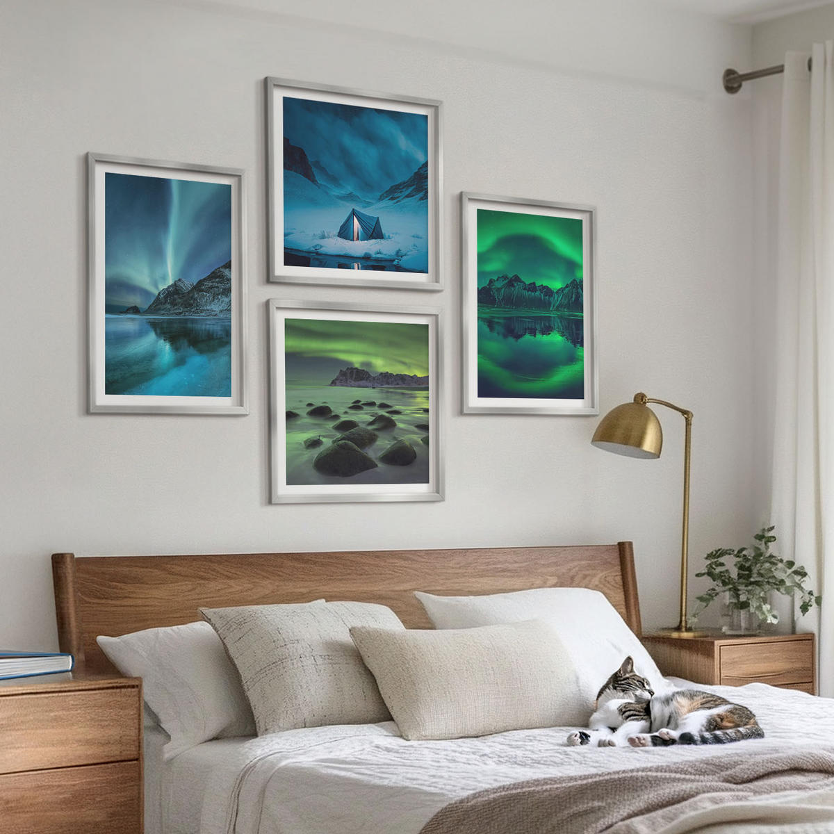 BILDER SET 4er Set - 50x50 cm & 40x60 cm Silberner Rahmen - Winterlandschaft mit Nordlichtern - Silberfarben, Kunststoff (50/50cm) - TULUP