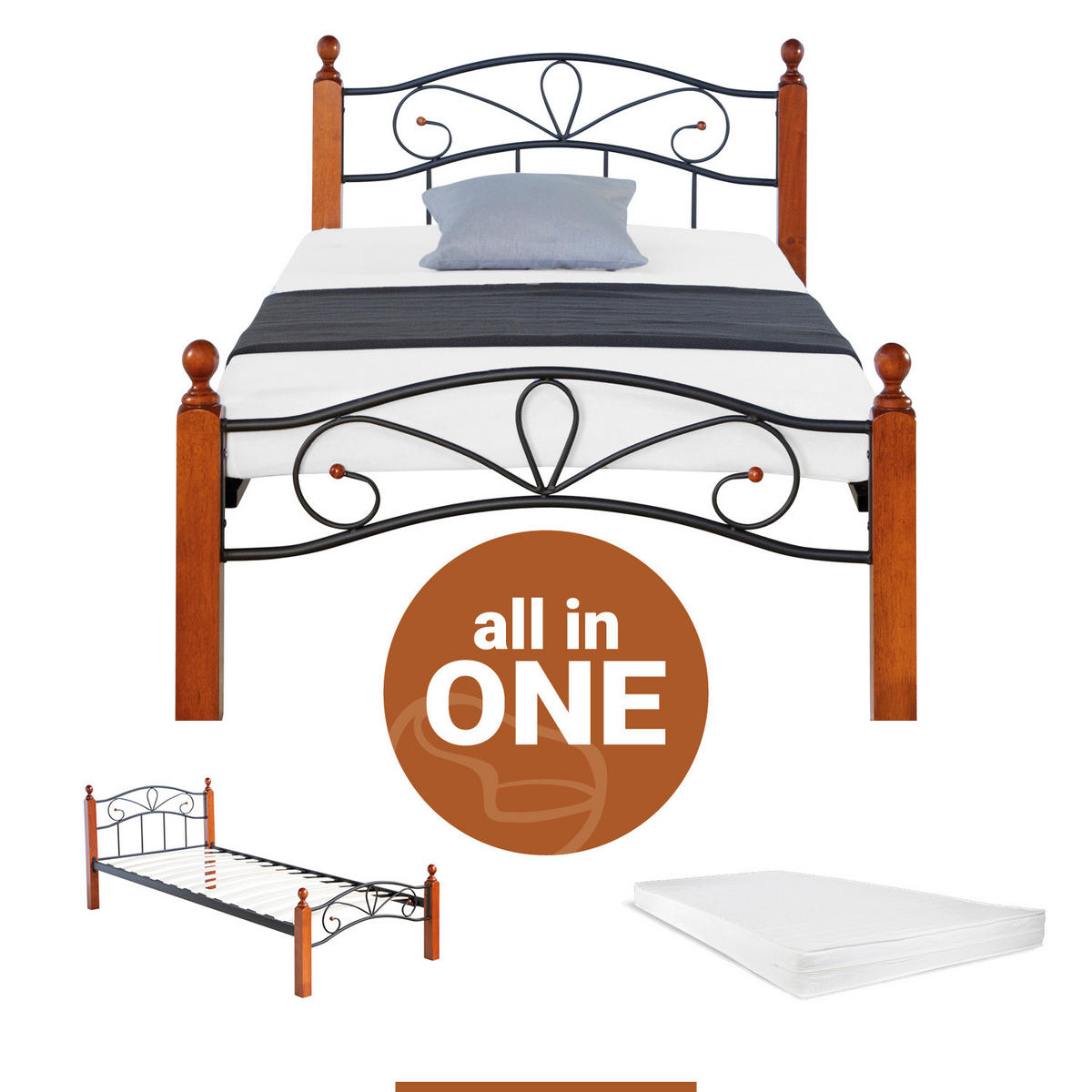 METALLBETT 90/200 cm mit Matratze in Schwarz Braun - Schwarz/Braun, Metall (90/200cm) - Homestyle4u