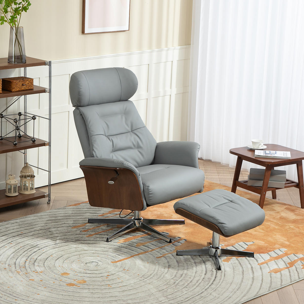 RELAXSESSEL mit Hocker, Fernsehsessel mit Liegefunktion, verstellbare Kopfstütze - Hellgrau, Kunststoff (84/108/80cm) - HOMCOM