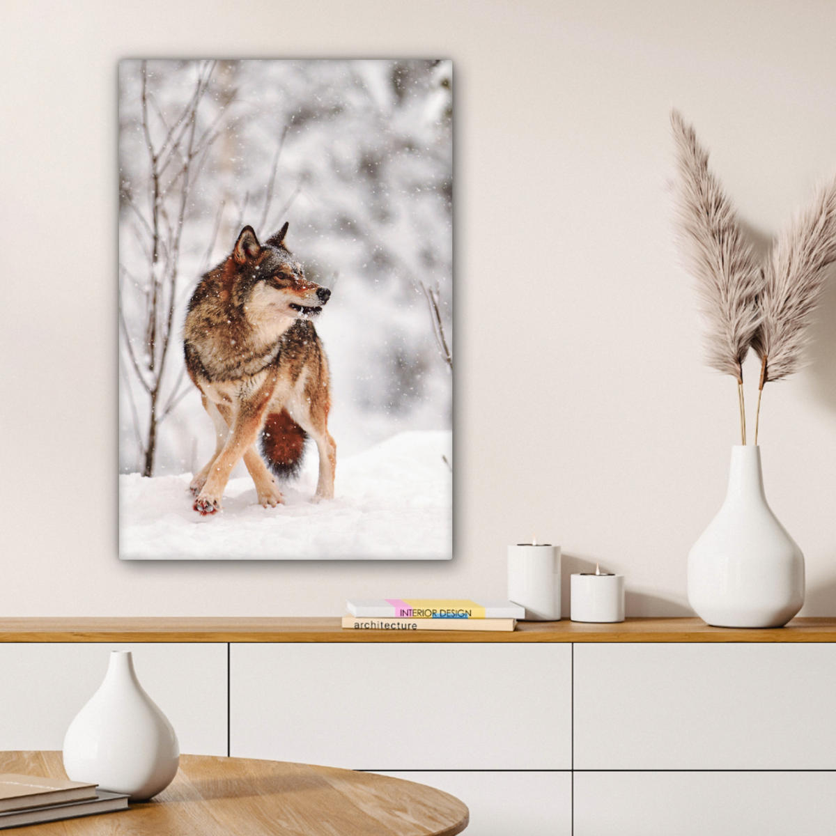 LEINWANDBILD Wolf - Winter - Schnee - Natur - Tiere 60x90 cm - Haselnussfarben, Textil (60/90cm) - MuchoWow