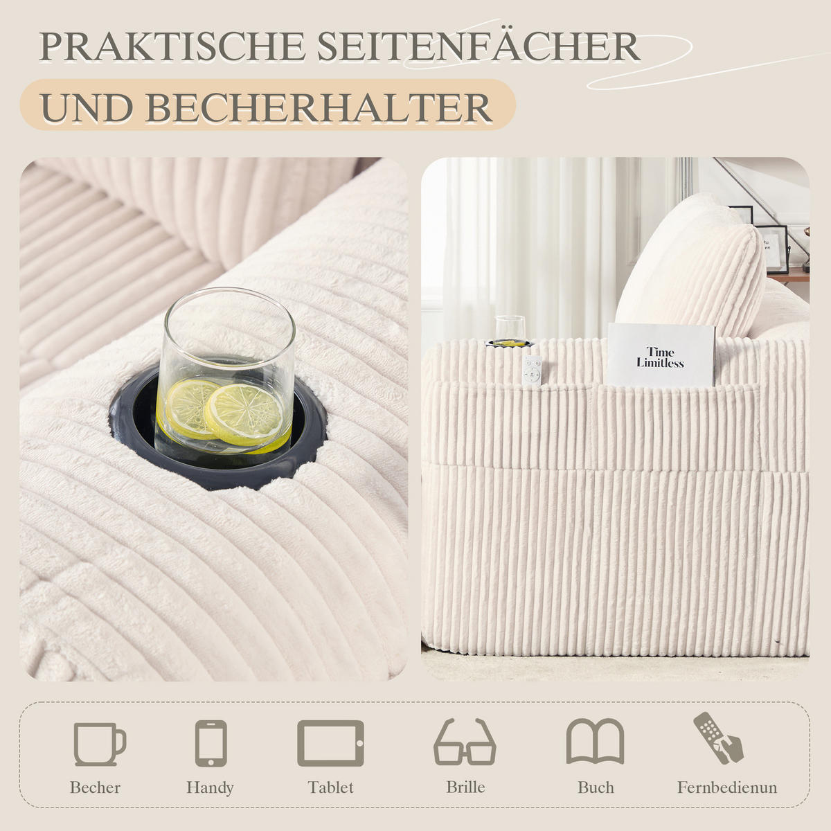 2-SITZER-SOFA 158/93/61 cm Beige aus Cord mit Seitenfächern und Becherhaltern - Beige, Textil (93/61/158cm) - Modenvie