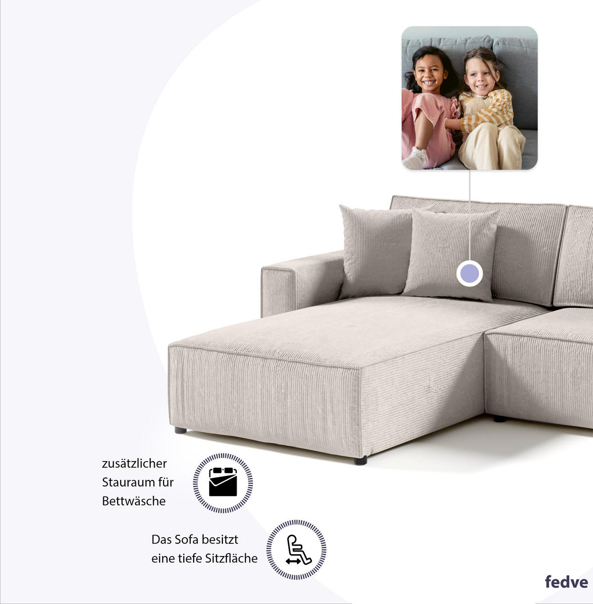 ECKSOFA Couch Sofagarnitur Sekwana L-form Creme - Creme, Naturmaterialien (294/185cm) - Fedve