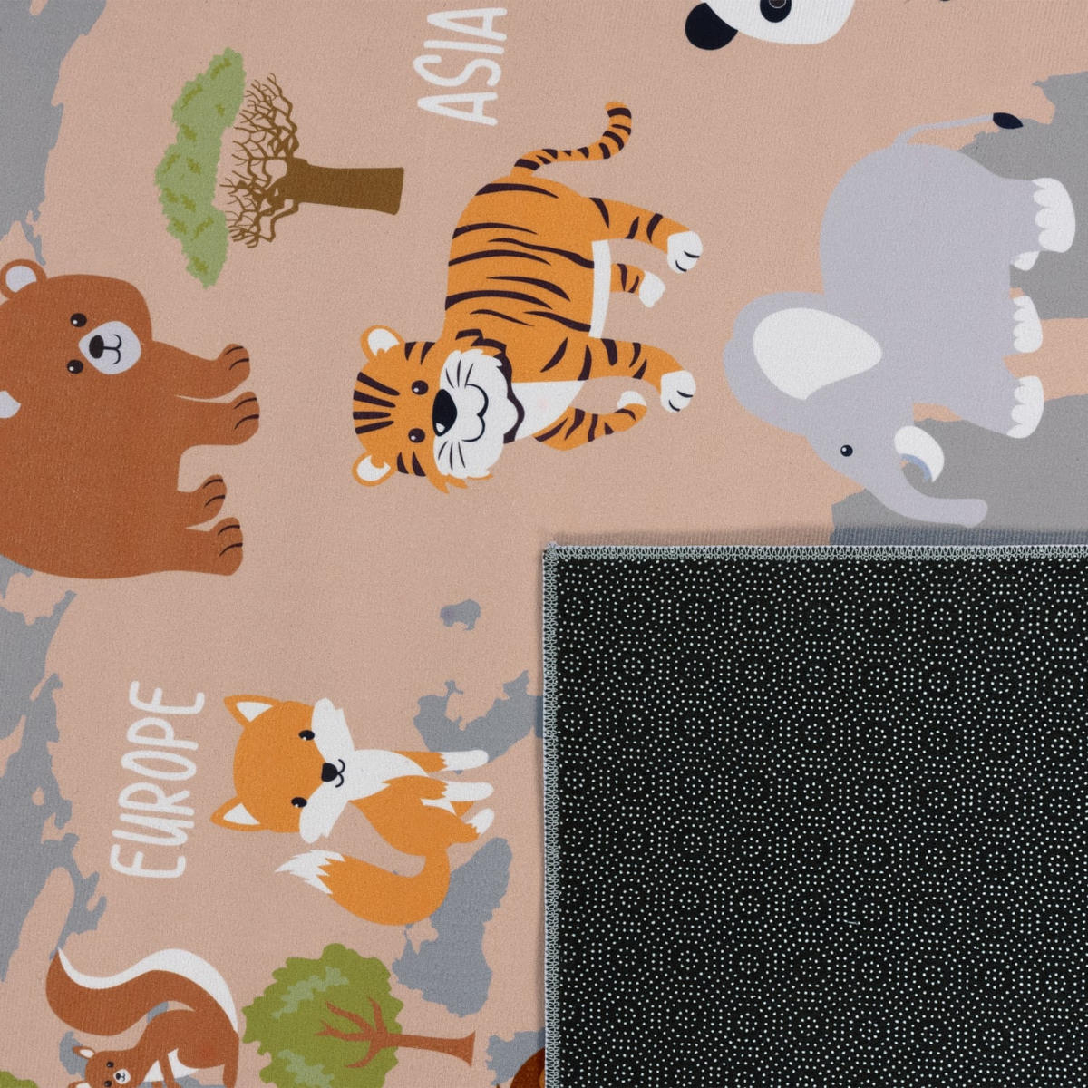 KINDERTEPPICH waschmaschinenwaschbar Tier‑Weltkarten‑Muster Kinderzimmer schmutzabweisend Grau Rechteckig 100x200 - Grau, Textil (100/200cm) - KADIMA DESIGN