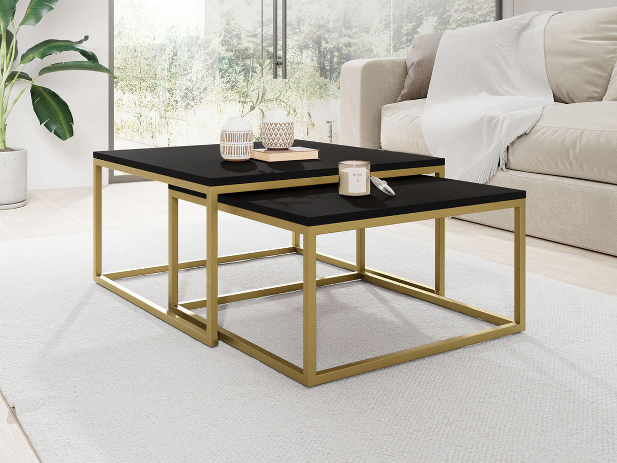 KONFERENČNÉ Stolíky Vella Gold 2er-Set Quadratisch, Čierna 76/76/39cm + 66/66/34 cm - čierna/zlatá, kov/kompozitné drevo (76/76/39cm) - WFL GROUP