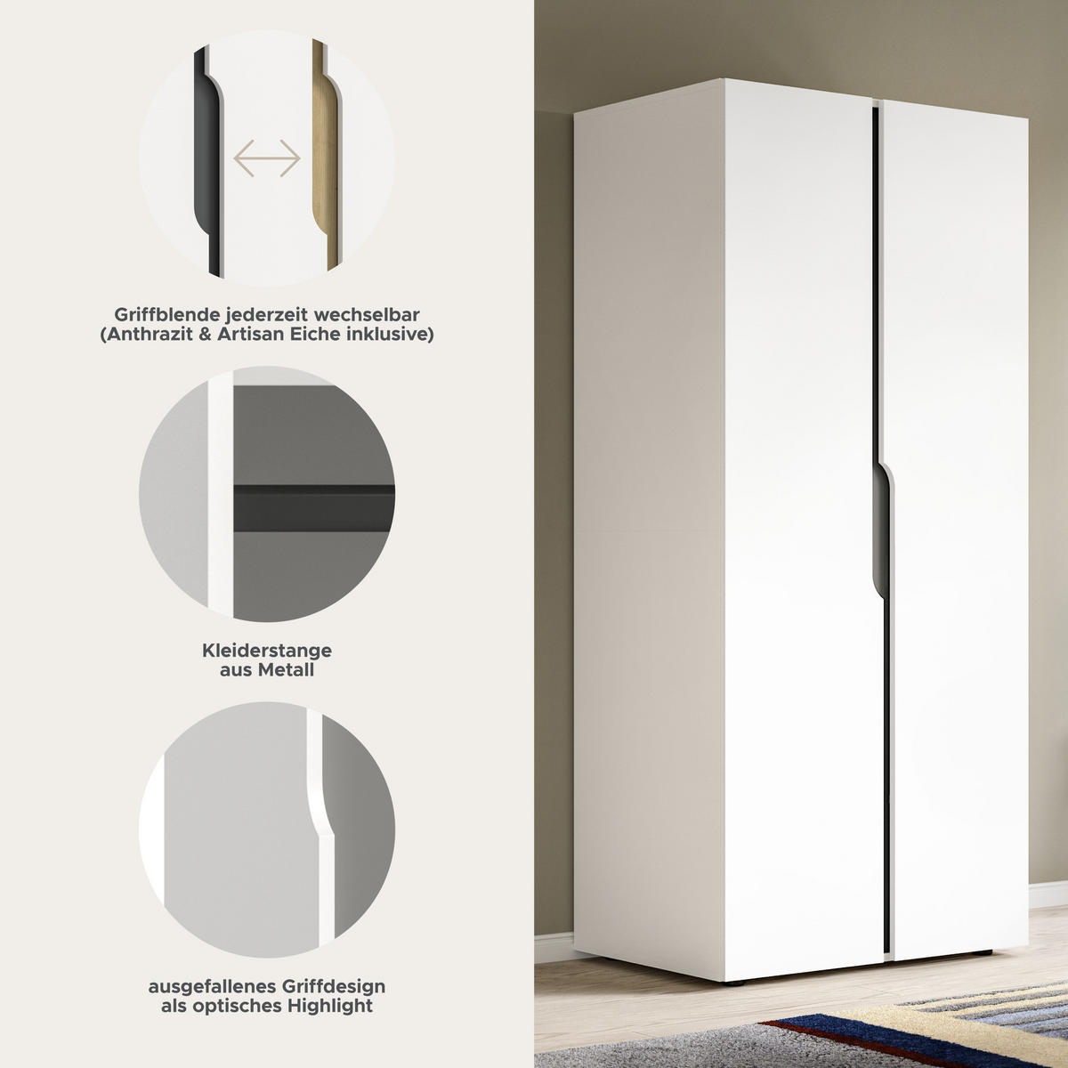 KLEIDERSCHRANK 2TÜRIG Anga weiß 80/51/180 cm - Weiß, Holzwerkstoff (80/180/51cm) - Xonox