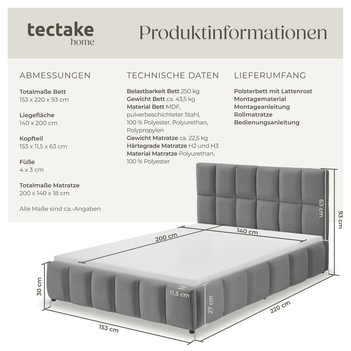 BETTSET , 250 kg Belastbarkeit, bodenschonende Kunststofffüße, Samtoptik dunkelgrau - Dunkelgrau, Holz (140/200cm) - tectake