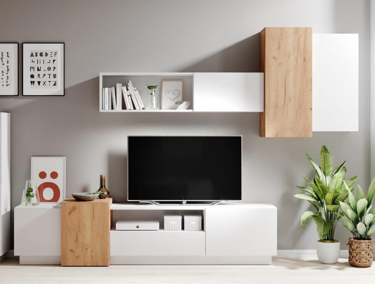 WOHNWAND Grida 4er Set in Weiß Matt mit Eiche Craft Hellbraun 220/54/45 cm - Weiß, Holzwerkstoff (300/180/45cm) - WFL GROUP