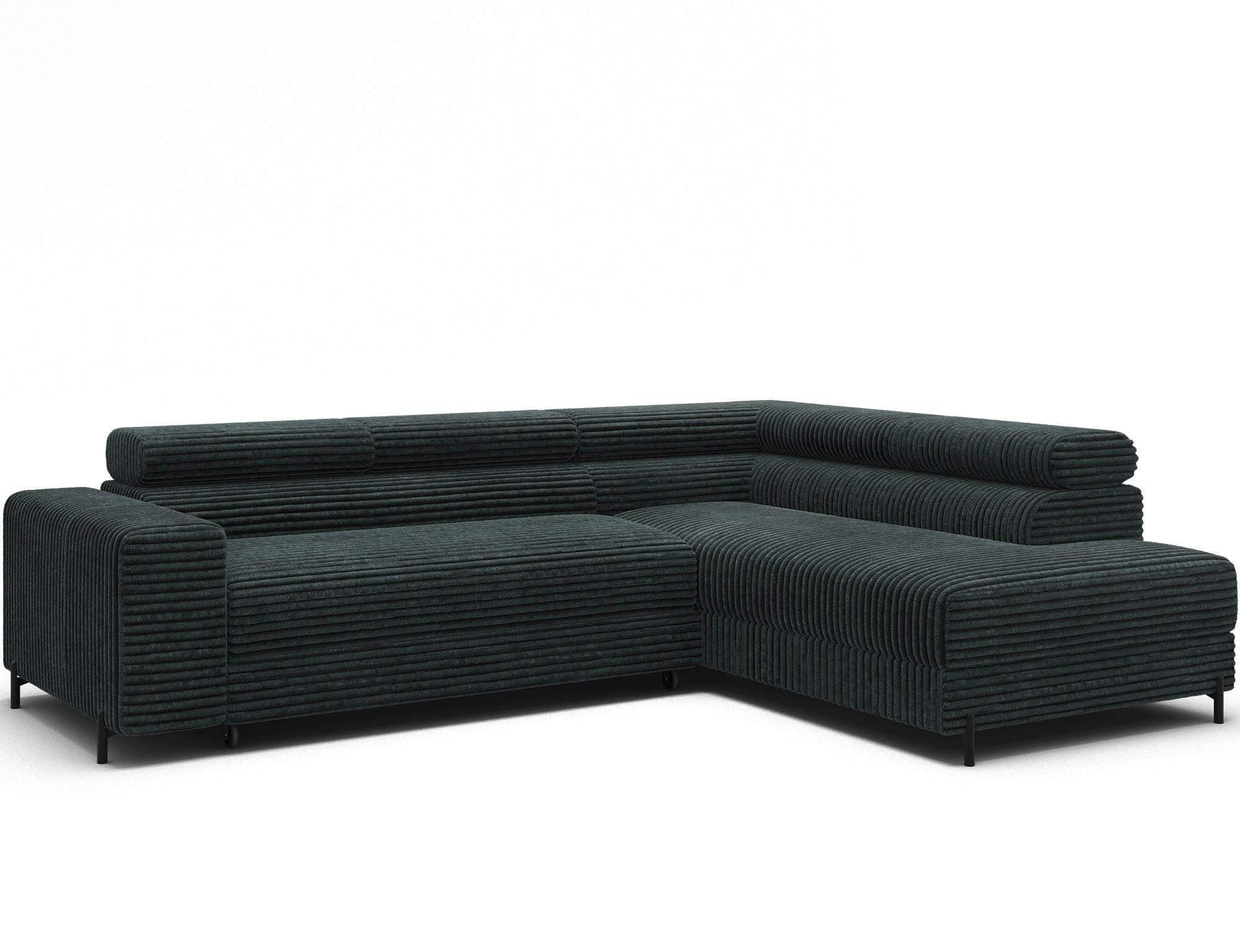 ECKSOFA COLESIO L-Form, Schlaffunktion, Bettkasten, verstellbare Kopfstützen, Wellenfederung, Metallfüße, breiter Cordstoff - Dunkelgrün/Schwarz, Kunststoff/Metall (204/269cm) - Wohnideebilder