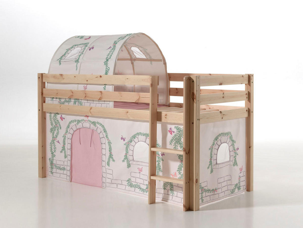 KINDERBETT Karolina 210x114x106 Massivholz Natur Textilset Burg 2 - Hellgrau/Kieferfarben, Holz (90/200cm) - 58aufmkessel