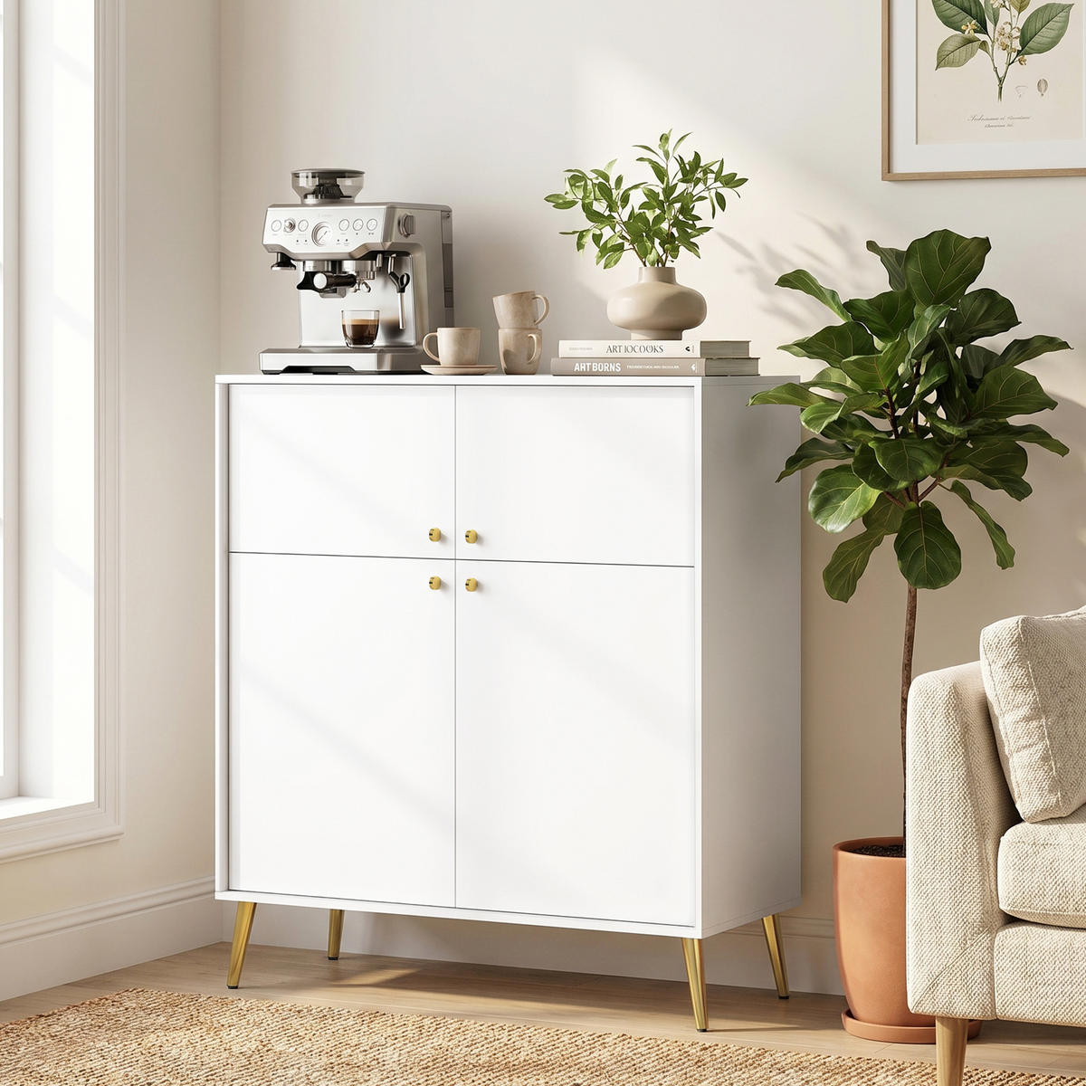 SIDEBOARD av spånskiva och metall, krämvit - Cremefärgad/Guldfärgad, Träbaserade material/Metall (40.5/122.4/105.4cm) - HOMCOM