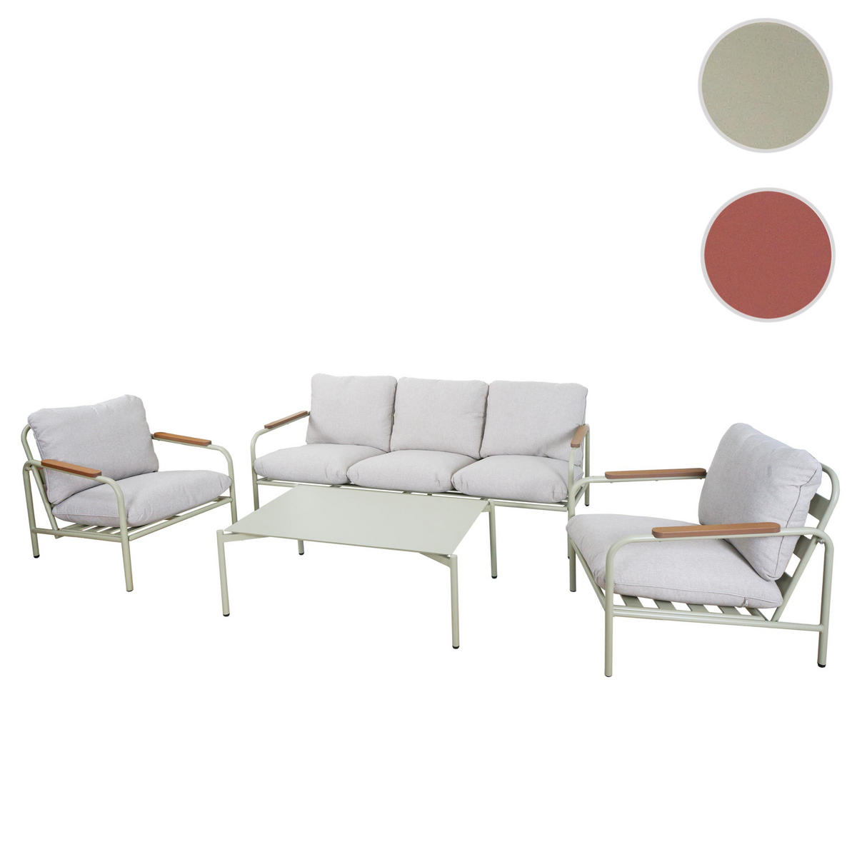 GARTENGARNITUR Hellgrün, Beige 1x 3-Sitzer Gartenbank, 2x Sessel und 1x Tisch-Set - Beige/Hellgrün, Metall - MCW