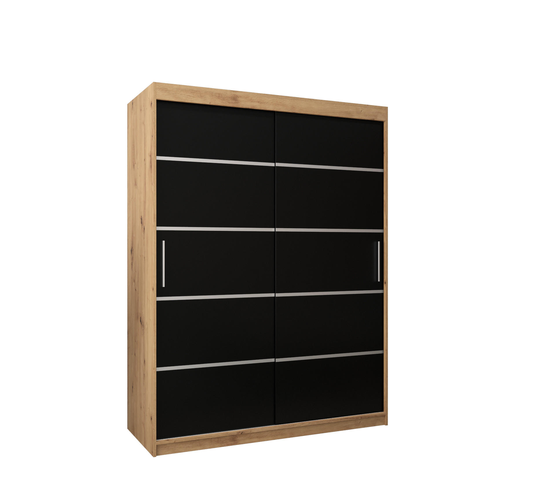Abiks Möbel Schwebetürenschrank Eiche Artisan, Schwarz, Silber 150x200x62 cm