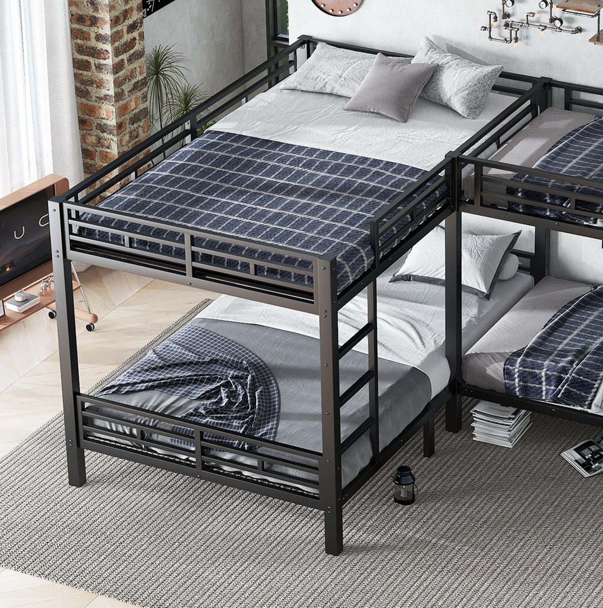 ETAGENBETT aus Eisen und Holz 90x200/140x200 cm Schwarz mit dreistufiger Leiter und stabilem Lattenrost - Schwarz, Metall (90/200cm) - Modfu