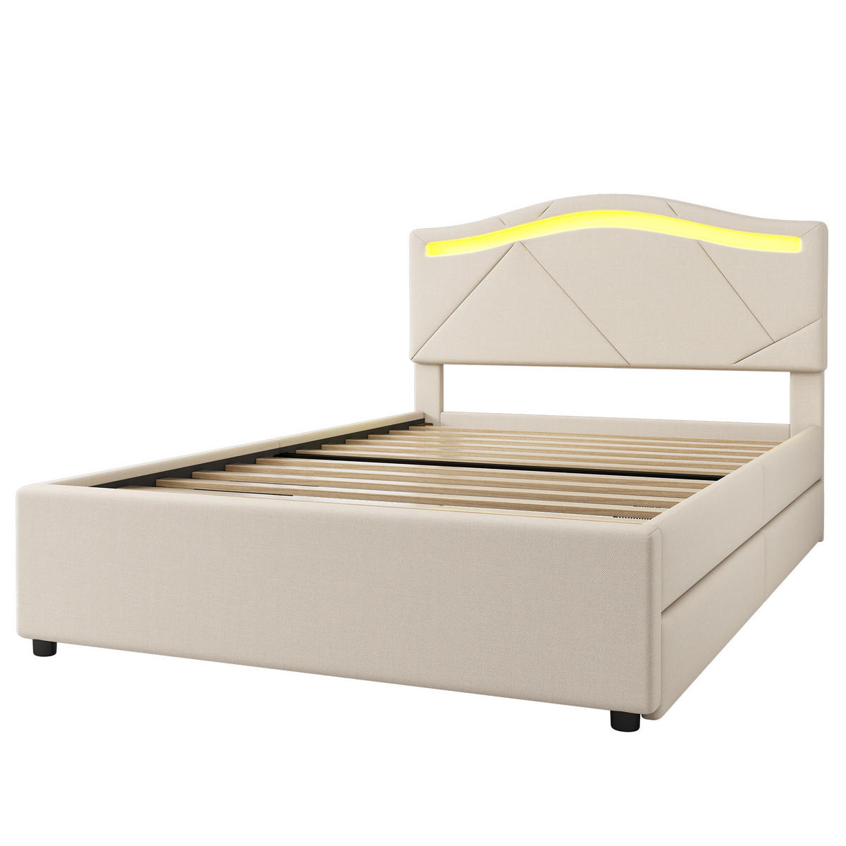 POLSTERBETT aus Leinen 90x200 cm in Beige mit LED-Beleuchtung & 2 Schubladen - Beige, Textil (90/200cm) - Modfu