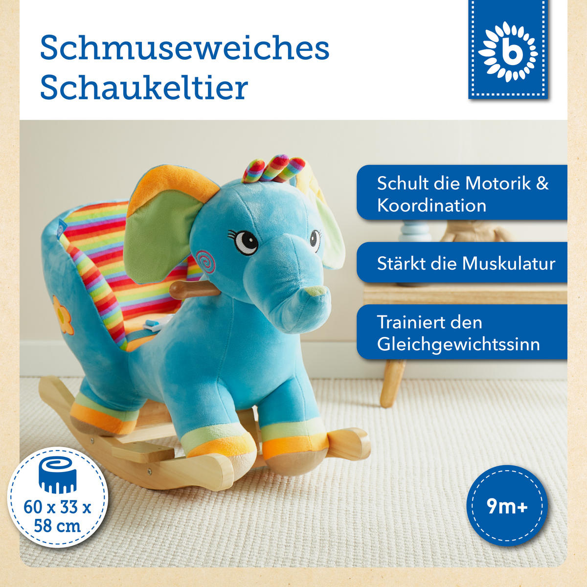 SCHAUKELTIER Plüsch Elefant Schaukelpferd - Blau, Textil (60/53/31cm) - Bieco Spielwaren