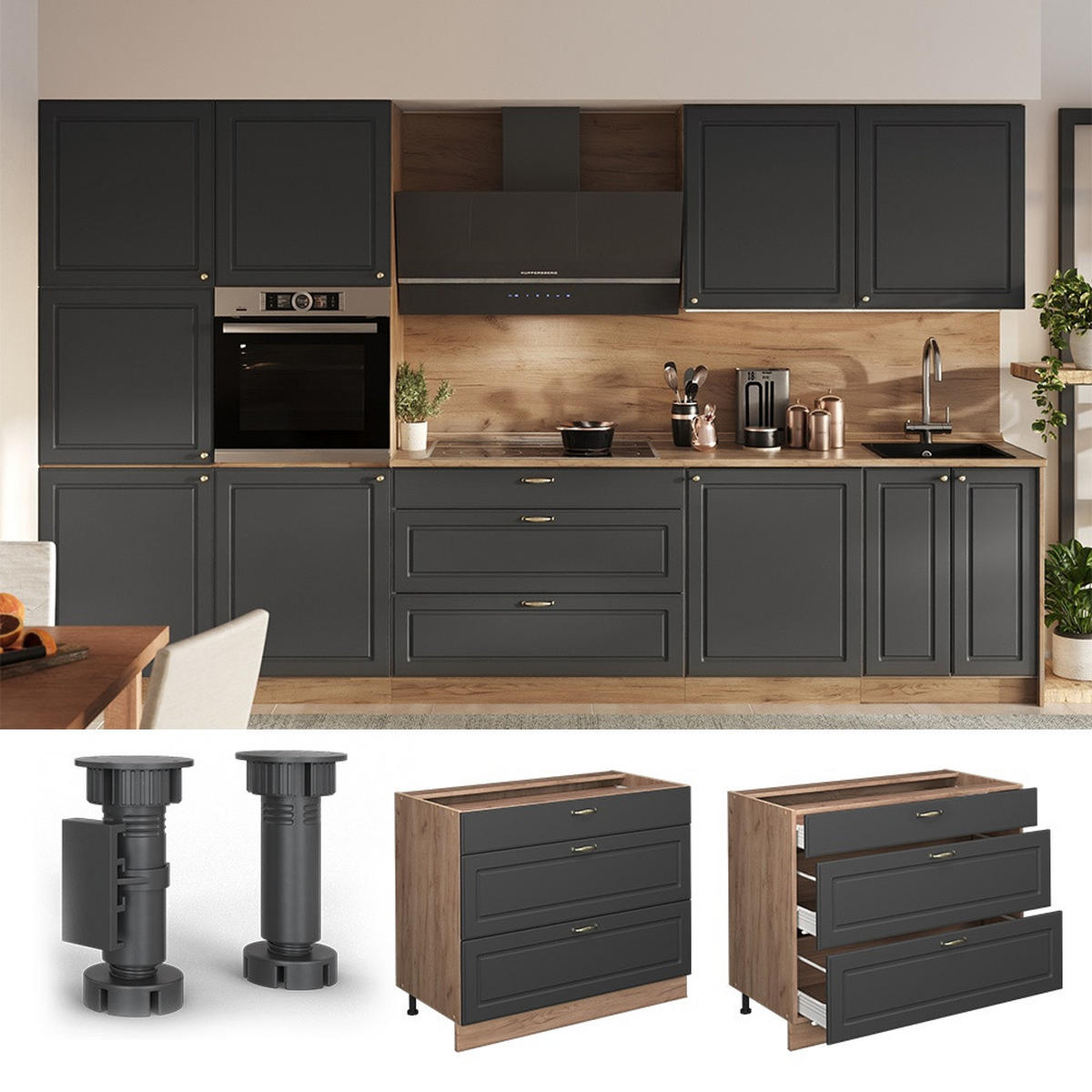 KÜCHENUNTERSCHRANK Fame-Line, Anthrazit-Gold Landhaus/Goldkraft Eiche, 100 cm, AP Anthrazit - Honigeiche/Anthrazit, Holzwerkstoff (100/82/60cm) - Vicco