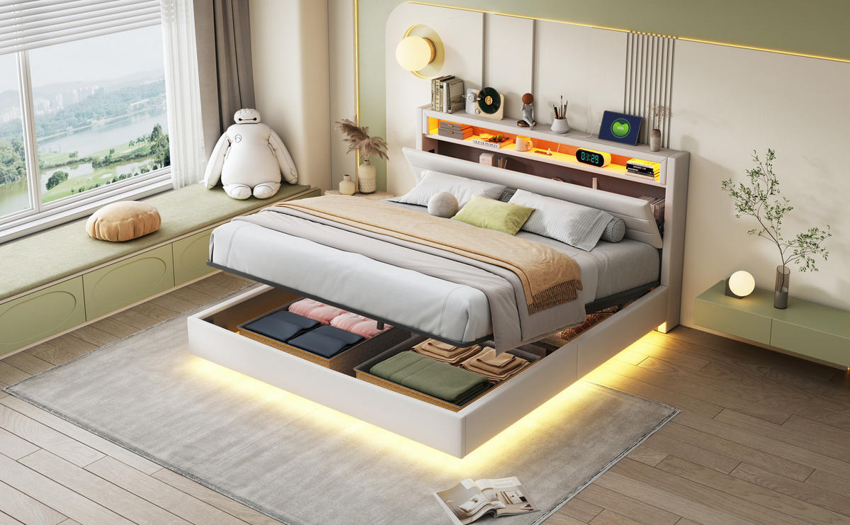 POLSTERBETT 160x200 cm LED USB Stauraum beige - Beige, Textil (160/200cm) - Fortuna Lai