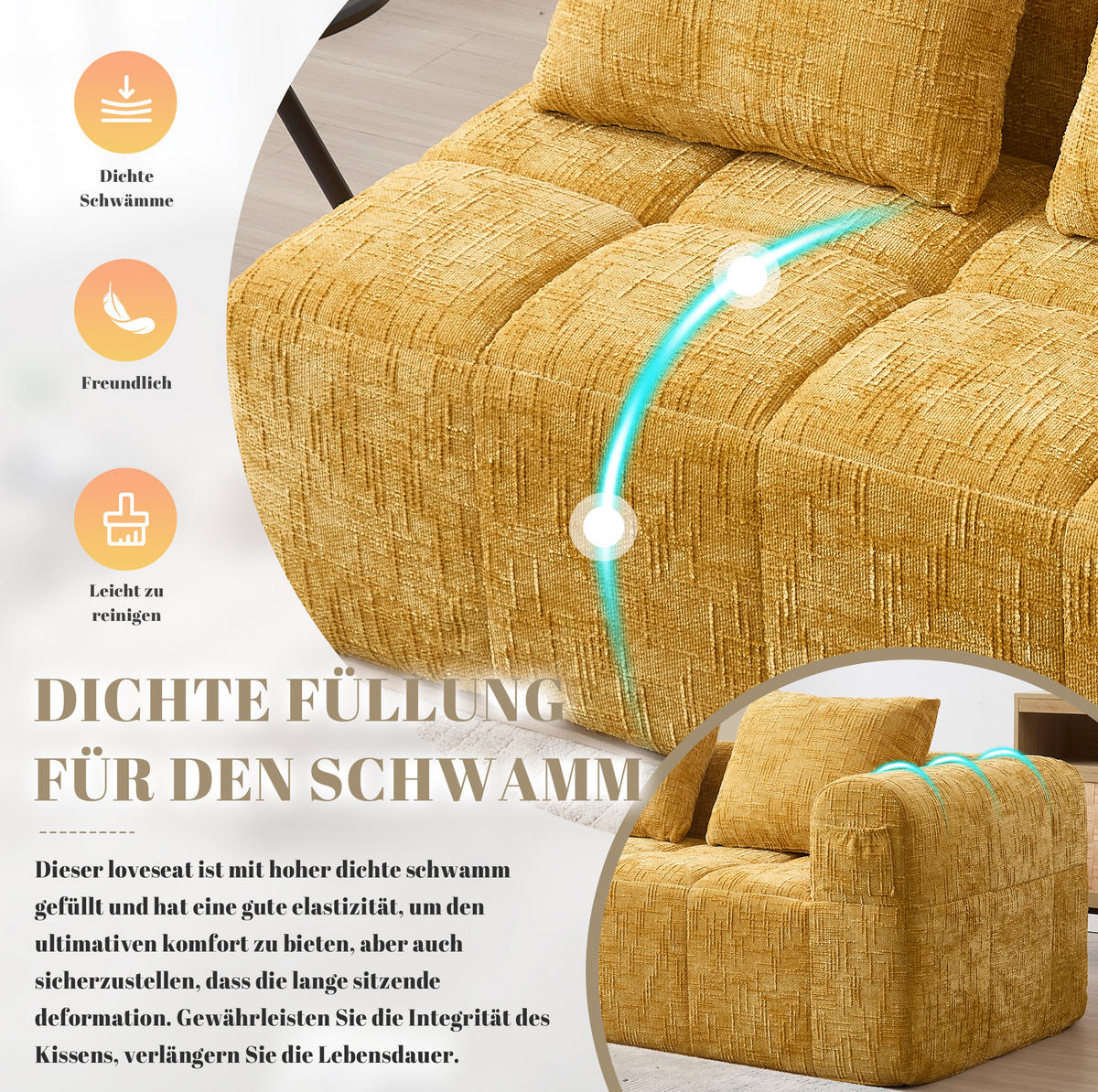 2-SITZER Sofa Chenille mit Chaiselongue und Seitentaschen 158/90/60 cm Gelb - Gelb, Textil (60/158/90cm) - Redom