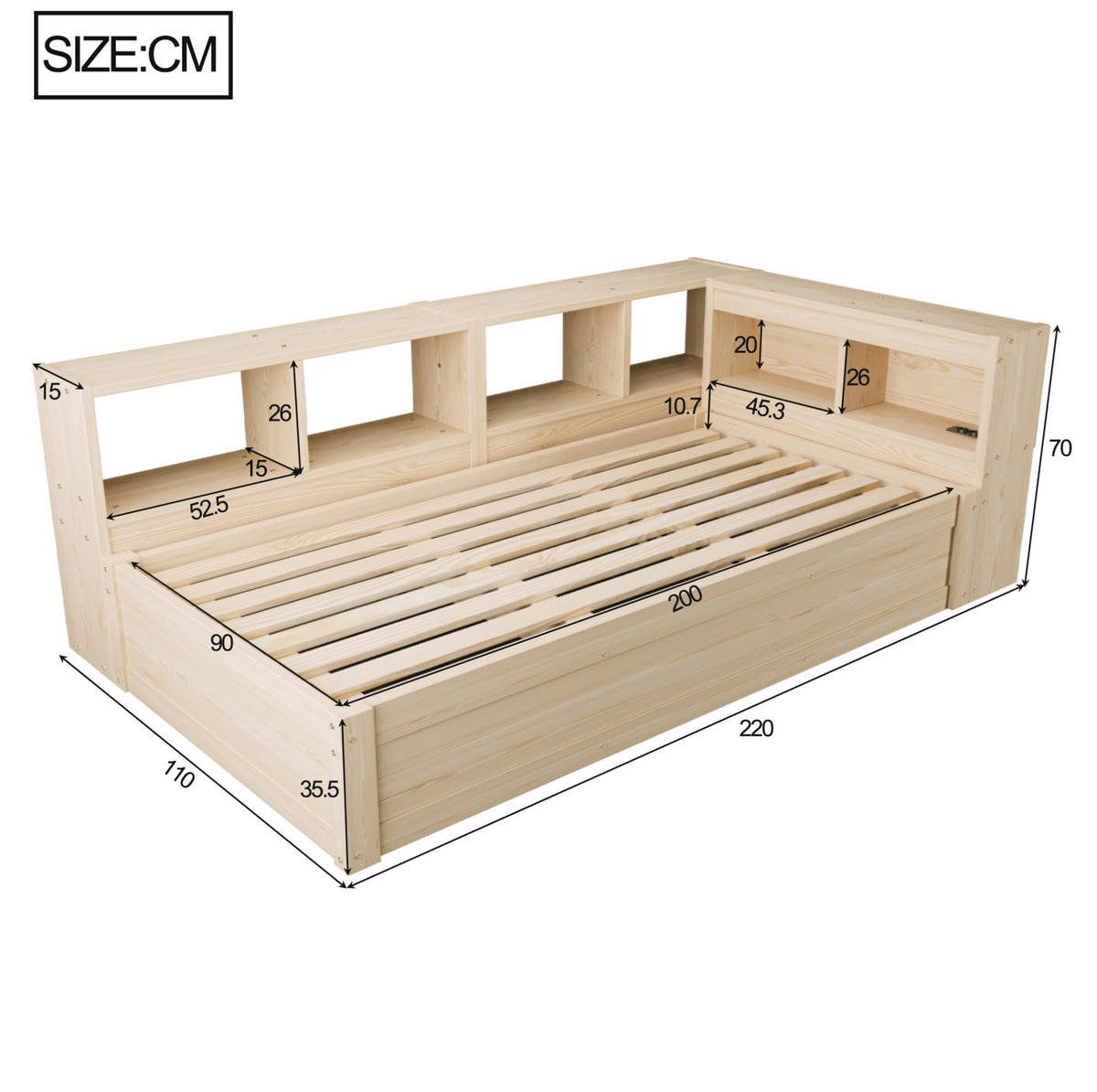 BETT 90/200 cm aus MDF mit LED und Stauraum Naturholz - Naturfarben, Holzwerkstoff (90/200cm) - OKMYHOME