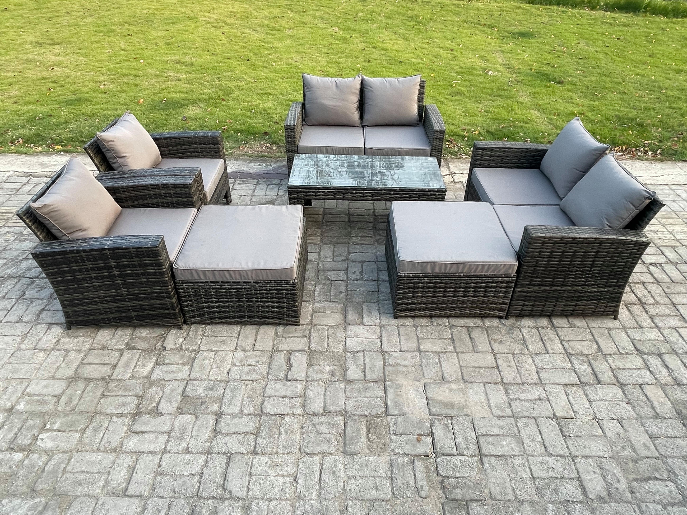 GARTENMÖBEL-SET mit Kissen Polyrattan Dunkelgrau 8-Sitzer - Dunkelgrau, Metall - Fimous