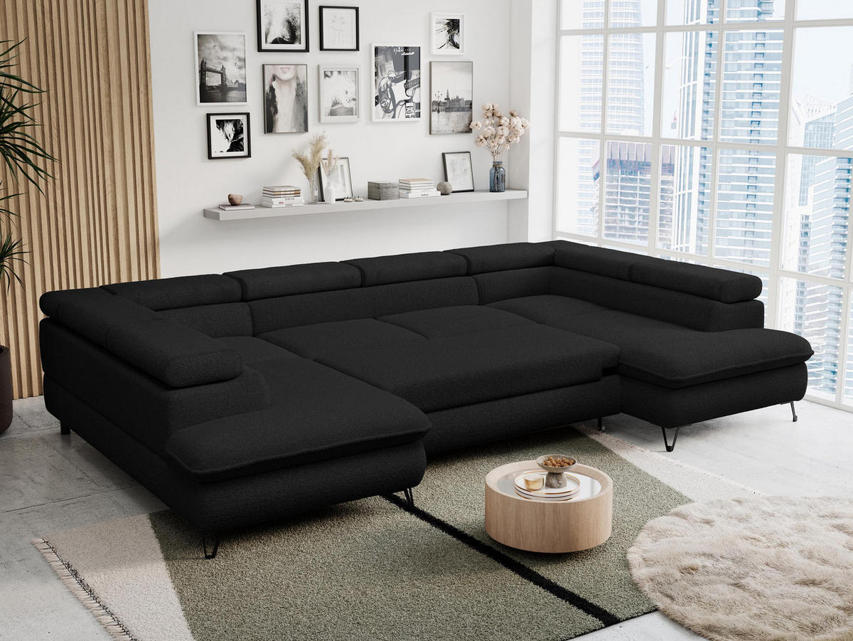 WOHNLANDSCHAFT PETER U Boucle Schwarz - Schwarz, Textil/Metall (346/76/208cm) - MKS