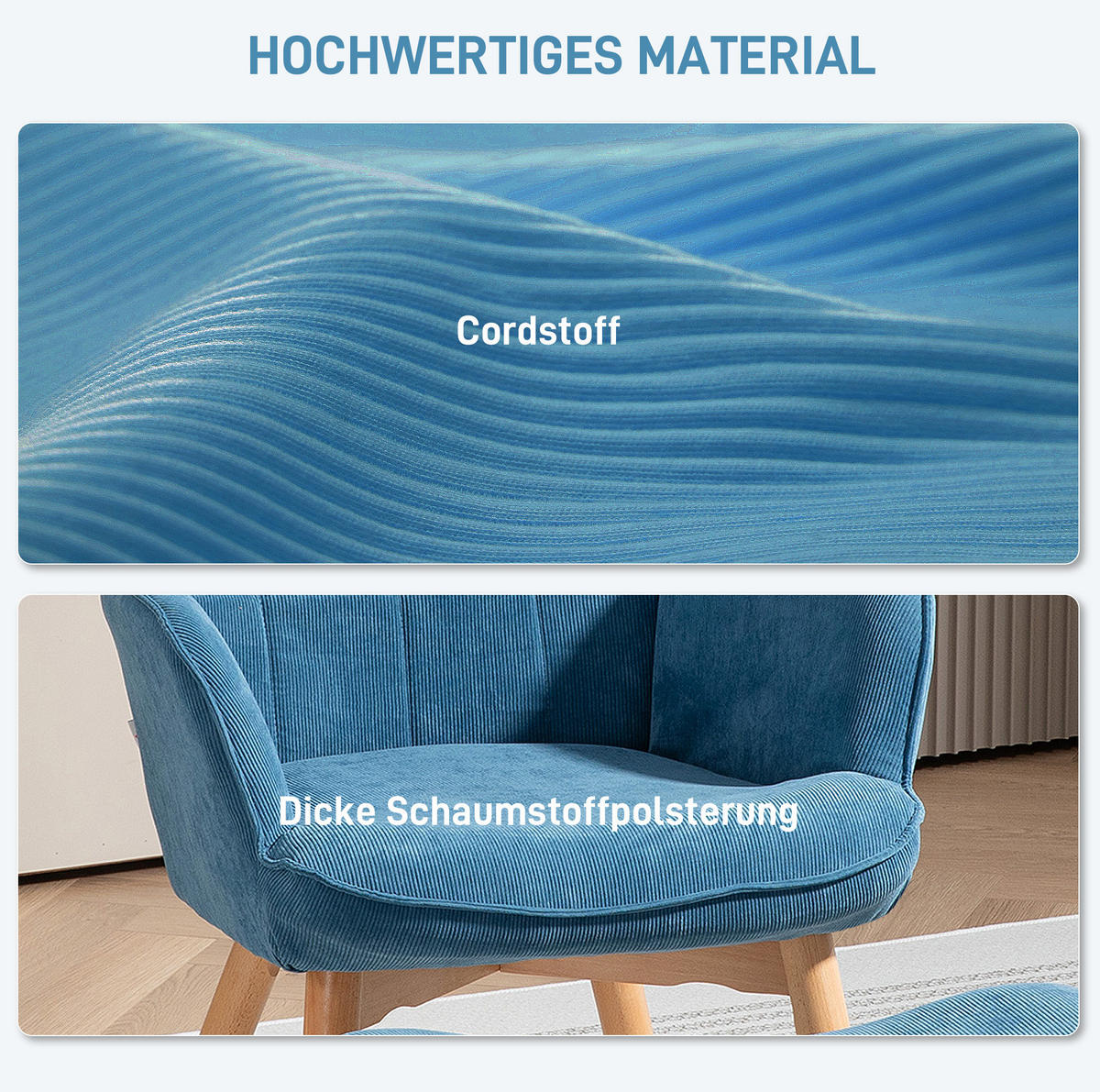 SESSEL-SET 72/80/101 cm in Blau mit Hocker und Cord-Optik - Blau, Textil (72/101/80cm) - BEAOK