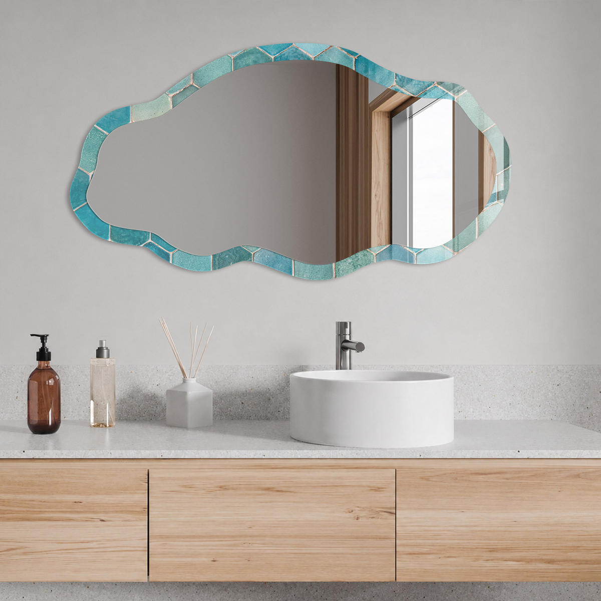 SPIEGEL 90x45 cm asymmetrisch mit Druck - Türkisfarbenes Mosaik - Transparent, Glas (45/90/0.4cm) - TULUP