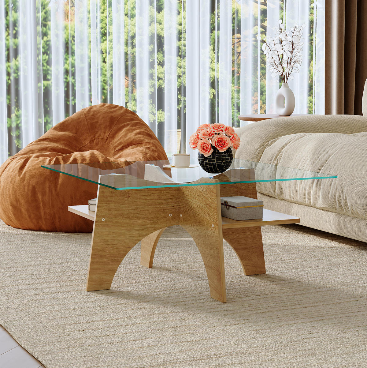 KLUBSKA miza 80/80/40 cm, MDF in varnostno steklo, prosojna/rjava - prozorna, steklo (80/80/40cm) - BEAOK