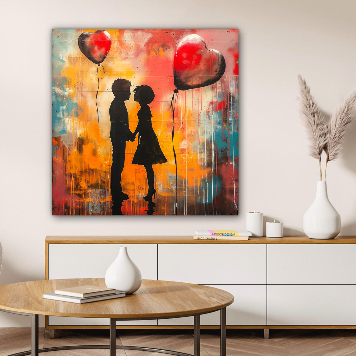 LEINWANDBILD Straßenkunst - Liebe - Graffiti - Kunst - Banksy 90x90 cm - Orange, Textil (90/90cm) - MuchoWow