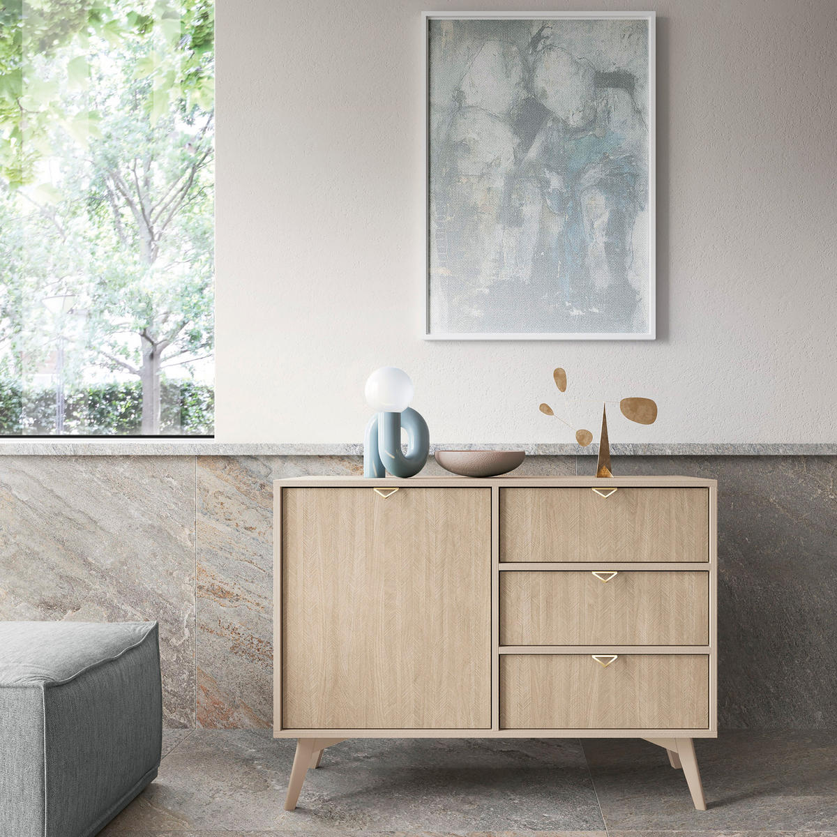 KOMMODE FORESTA 106/80/38 cm mit 3 Schubladen 1 Türen Beige - Beige/Kieferfarben, Holzwerkstoff (106/80/38cm) - MASSENO