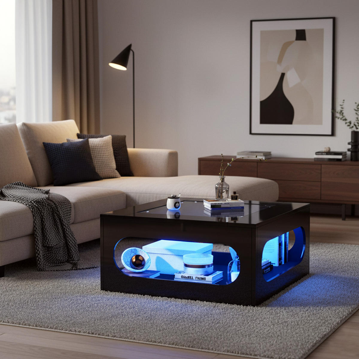 COUCHTISCH Schwarz Hochglanz mit LED & Glasplatte - Schwarz, Holzwerkstoff (70/70/35cm) - Urban Meuble