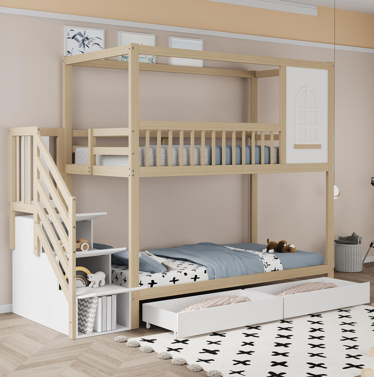 ETAGENBETT 90/200 cm aus Massivholz in Hausform mit Stauraum und Leiter - Naturfarben, Holz (90/200cm) - OKMYHOME