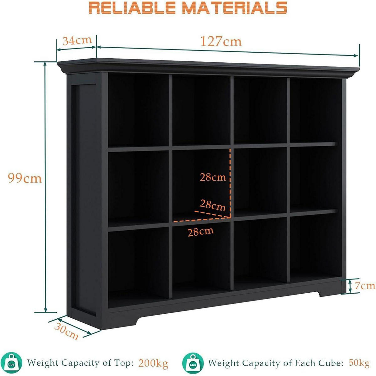 BÜCHERREGAL mit Sockel 12 Fächer Schwarz 127 x 99 cm - Schwarz, Holzwerkstoff (127/99/34cm)