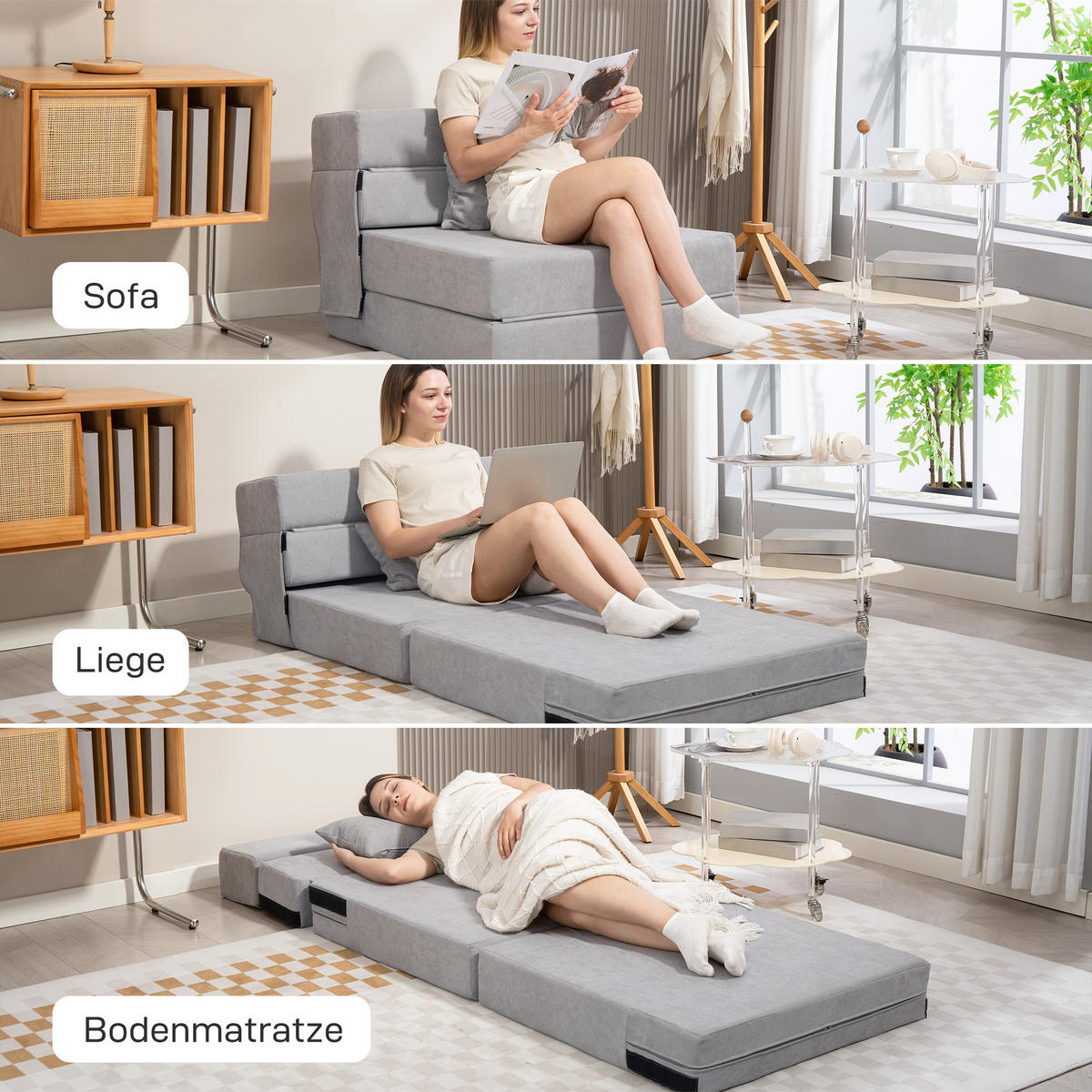 3 in 1 Schlafsessel, klappbares Schlafsofa mit Bettfunktion, Lendenkissen - Hellgrau, Kunststoff (80/15/210cm) - HOMCOM