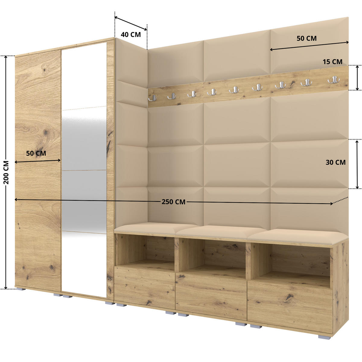GARDEROBE NELA VII 250 cm (Modulare Flurmöbel XL Artisan Eiche mit Spiegel & Sitzpolster Beige 04 Universell) - Beige/Silberfarben, Holz/Holzwerkstoff (250/187/40cm) - Ravio