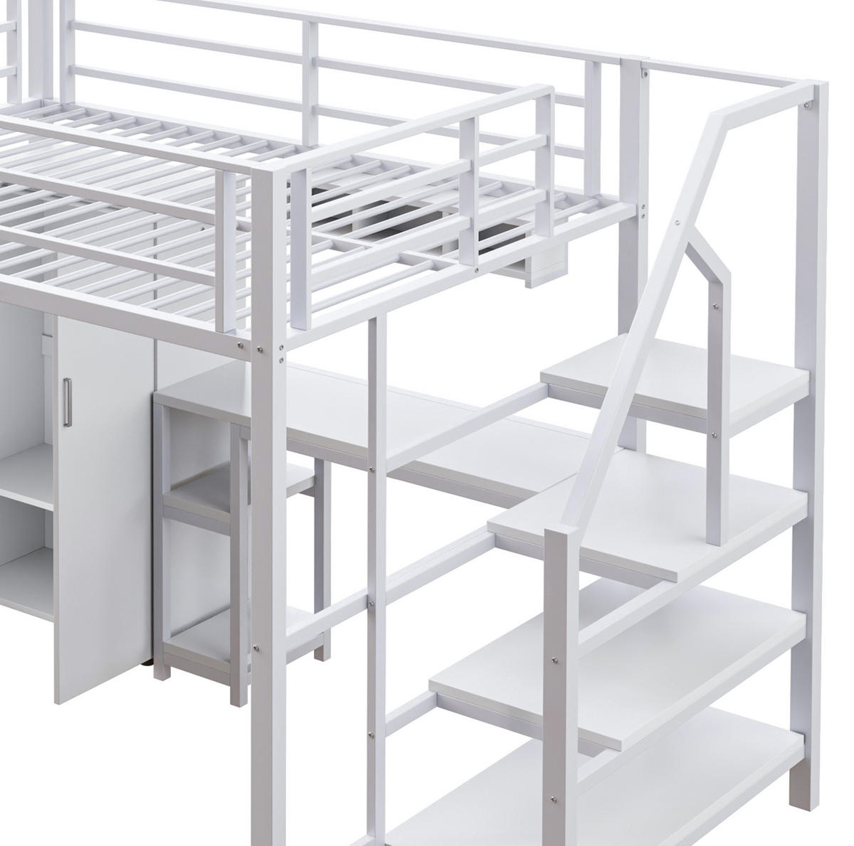 HOCHBETT aus Metall und MDF 140x200 cm Weiß mit Kleiderschrank, Regalen, Ablageleiter und Schreibtisch - Weiß, Metall (90/200cm) - Modfu